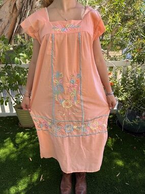 Peach Embroidered Midi Dress - Women's